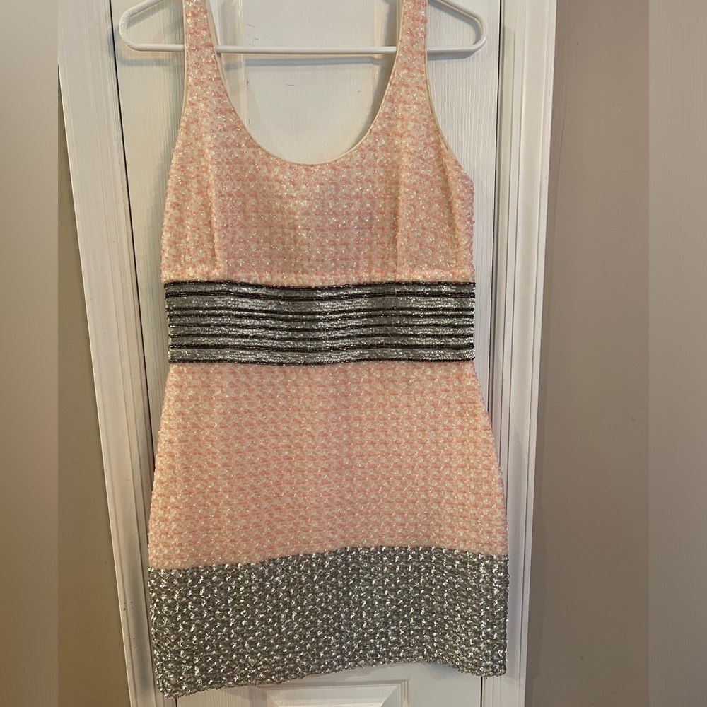 Badgley Mischka Sequin Beaded Sleeveless Mini Sheath Cocktail Dress